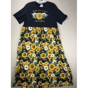 K.W.B.L. Sunflower Maxi Dress Womens Medium Black Floral Excellent Vintage 90s